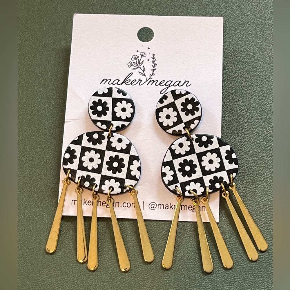Polymer clay flower print earrings with gold metal details